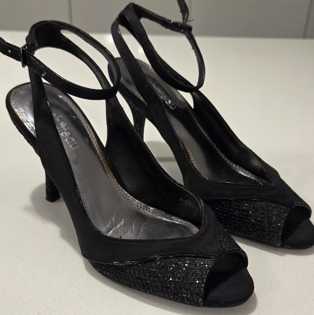 le chateau Black Peep-Toe Ankle Strap Heels with Sparkle Panels